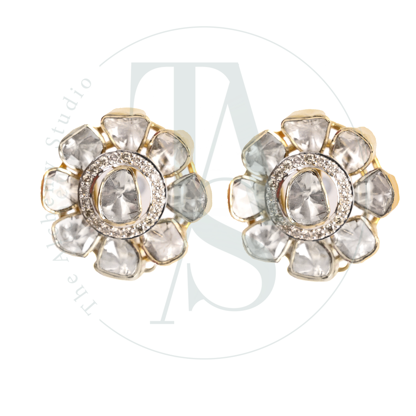 18kt Gold Zai Uncut Diamond and Diamond Flower Earrings