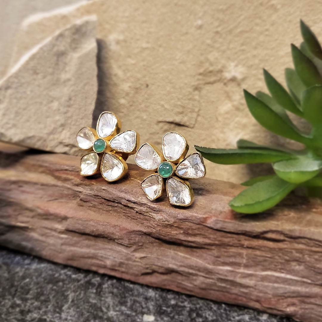 Petite Fleur Polki Emerald Earrings
