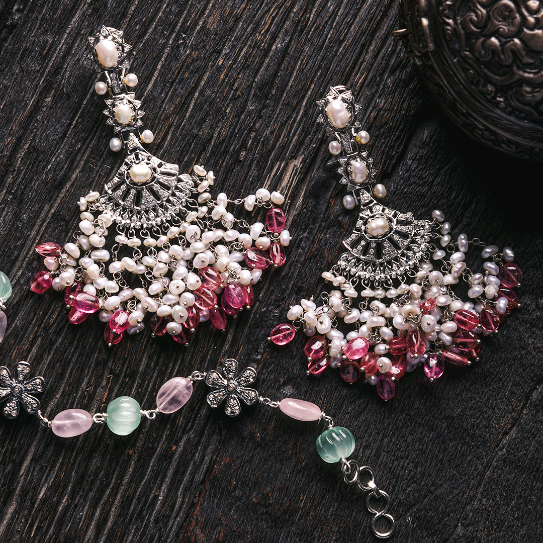 Flare Fringe Pink Tourmaline Pearls Earrings