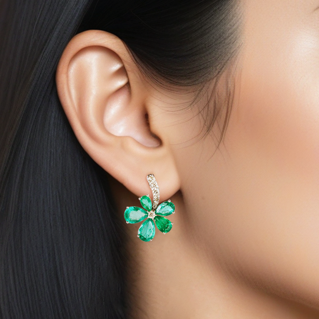 Asymmetric Flower Emerald Diamond Earrings