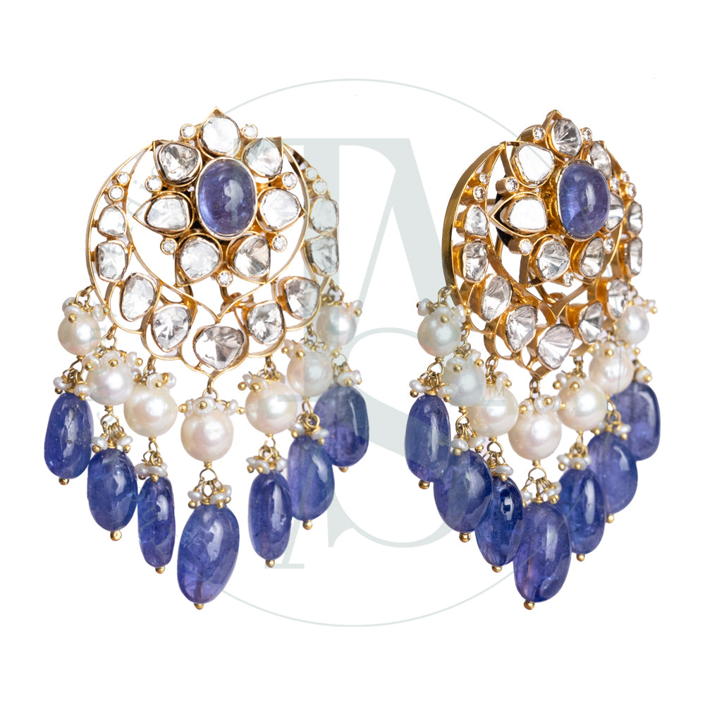 Uncut Diamond and Tanzanite Chand Earrings