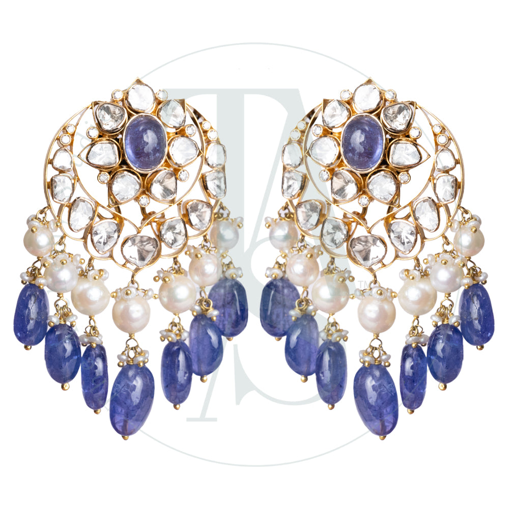 Uncut Diamond and Tanzanite Chand Earrings