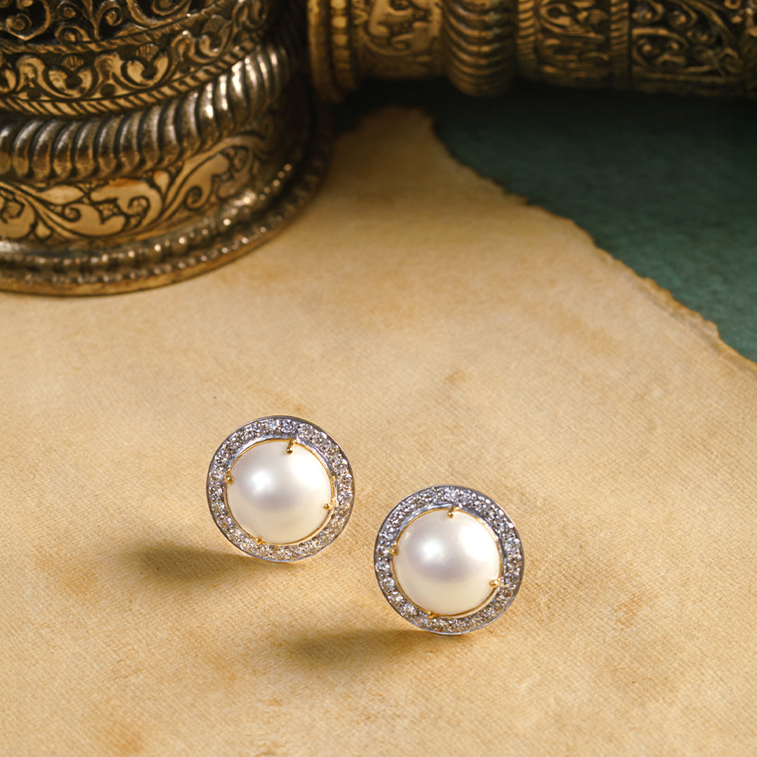 Serif Diamond Pearl Earrings