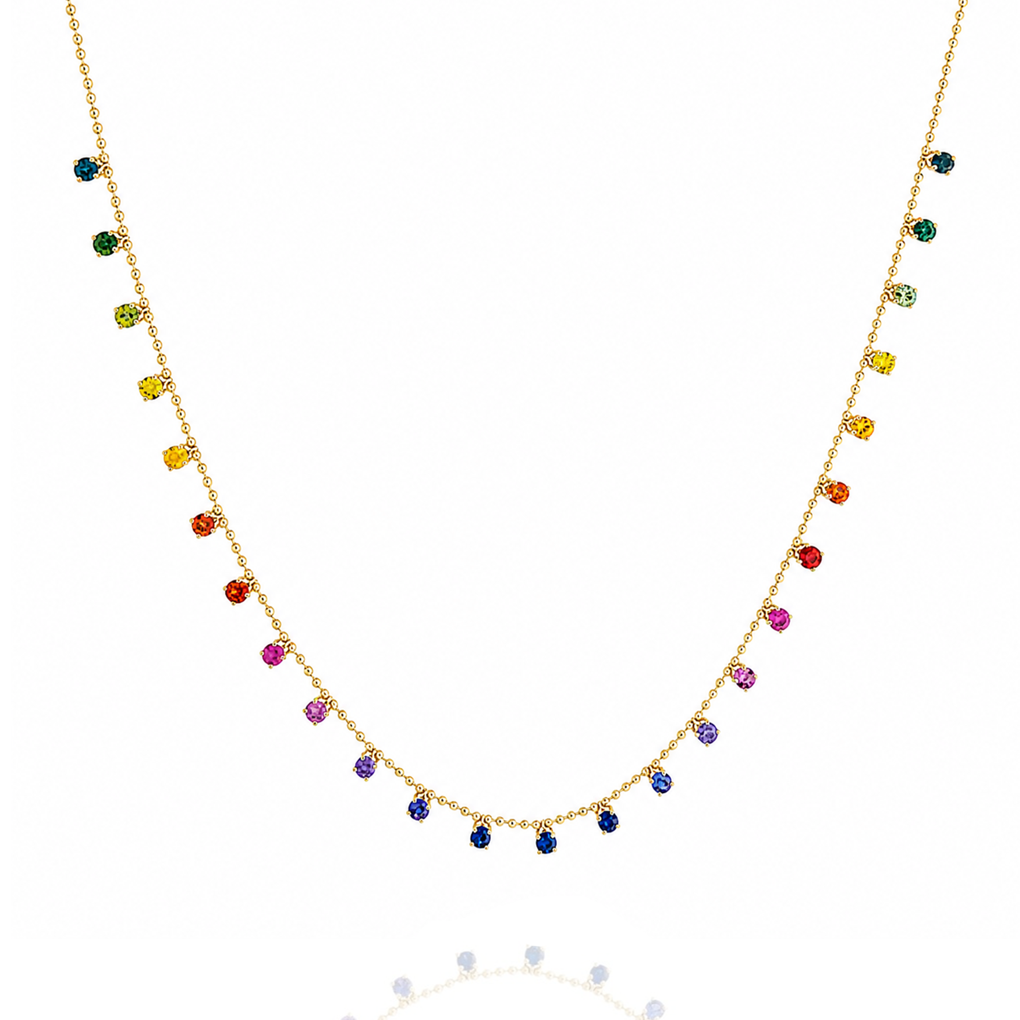 Necklace with multicolored gemstones on a white background in india