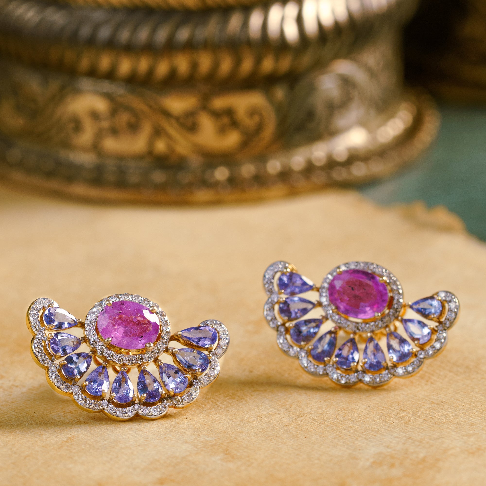 Moonlit Whispers Diamond Tanzanite Pink Sapphire Earrings