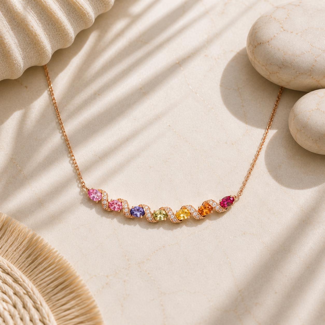 Necklace with colorful gemstones on a beige surface in india