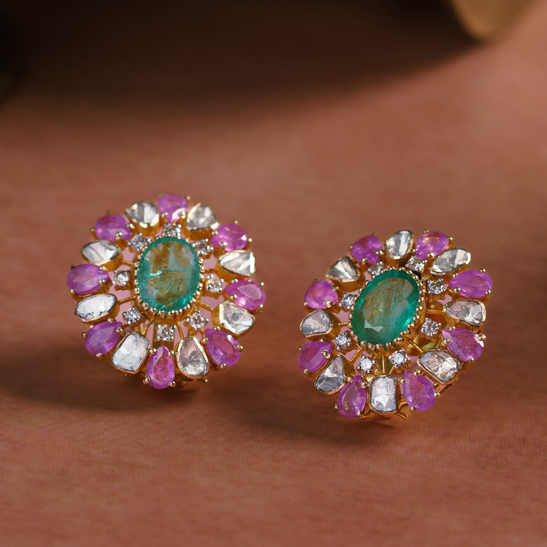 Rangat Polki Emerald Pink Sapphire Earrings