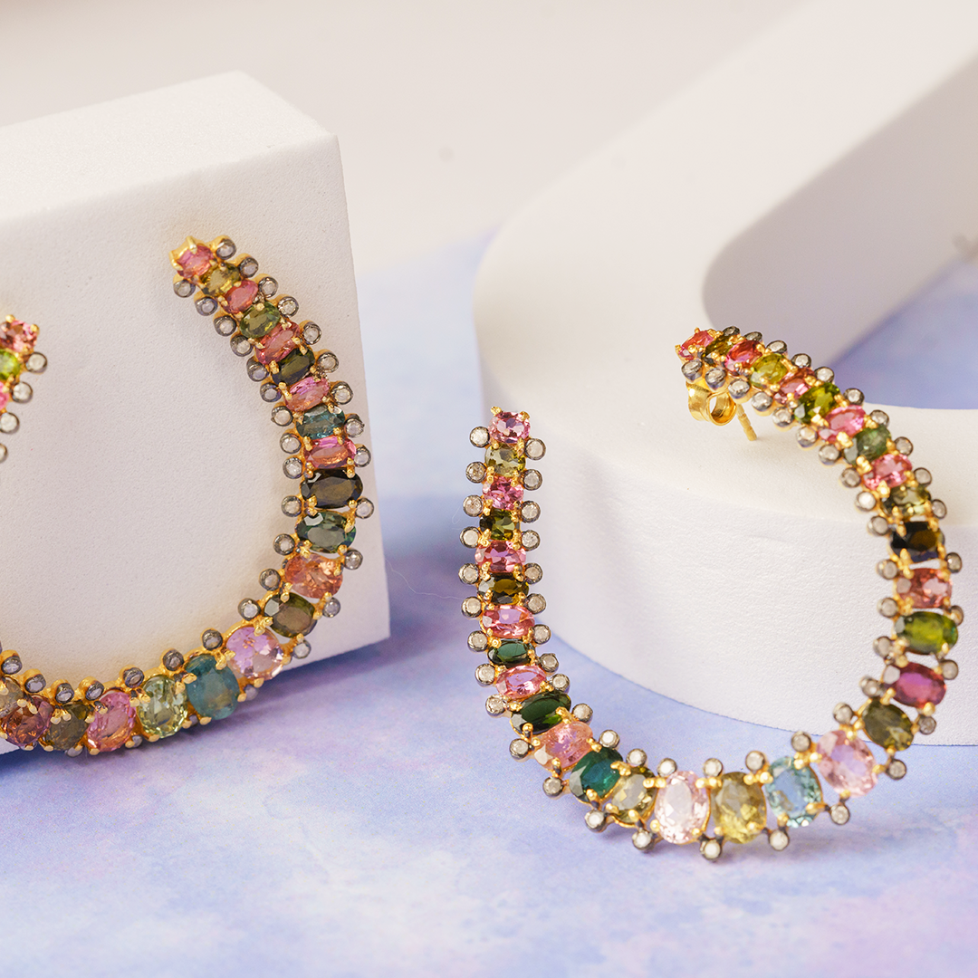Cresent Tourmaline Diamond Hoops
