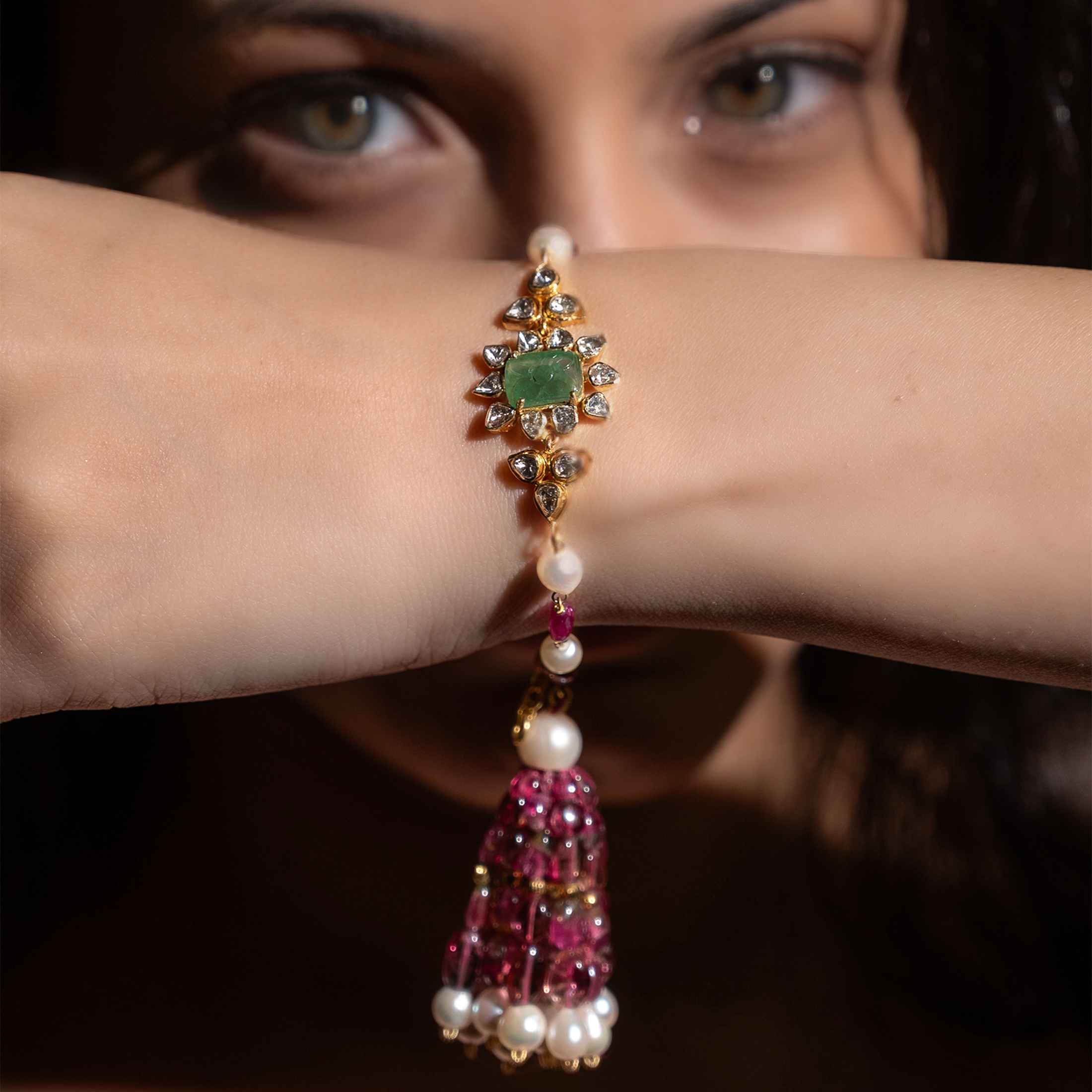 Ahana Polki tourmaline carved Emerald Bracelet