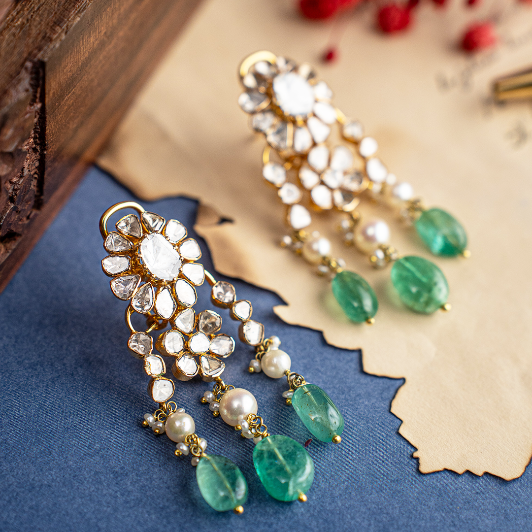 Floral polki Emerald Drop Earrings