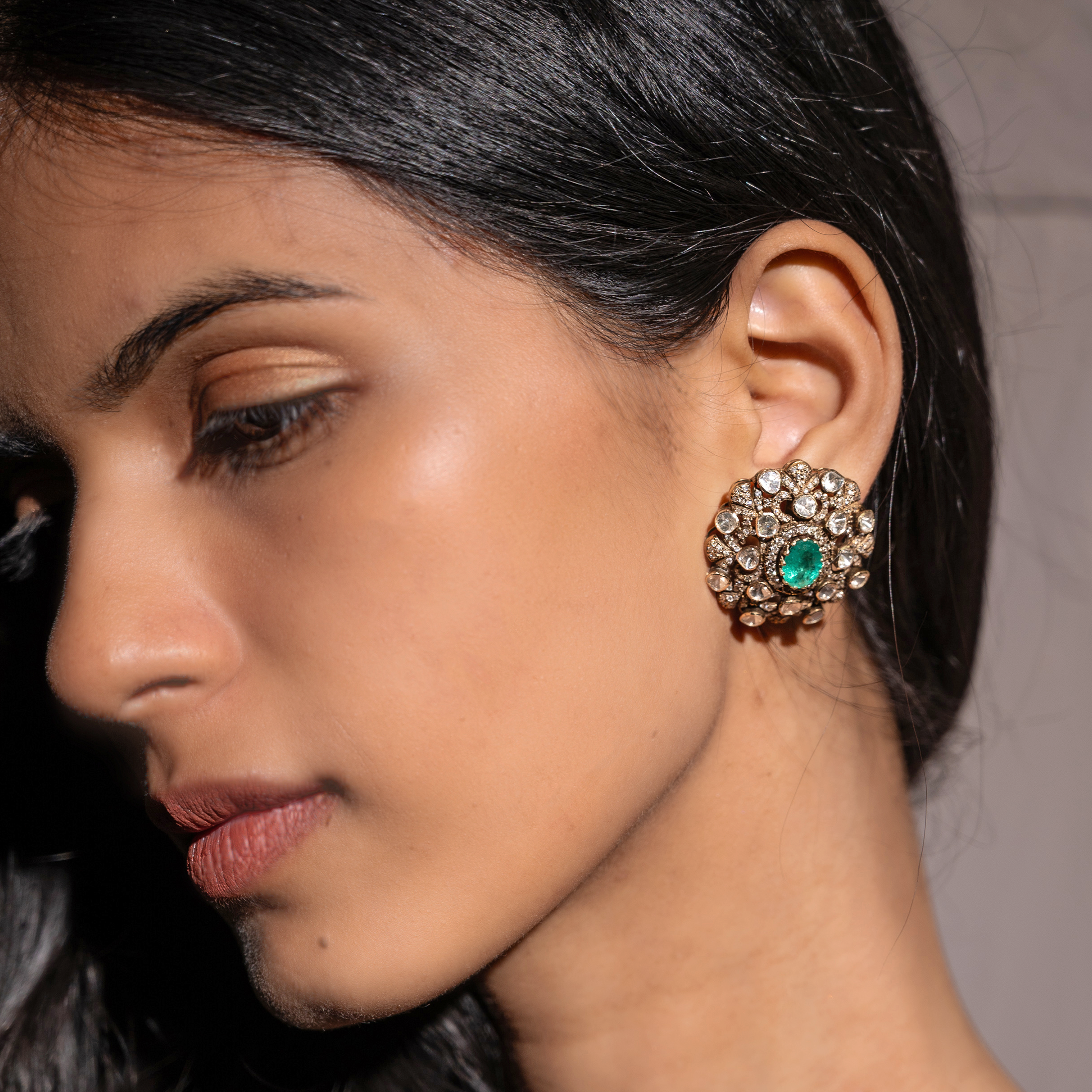 Victorian Polki Oversized Emerald Earrings