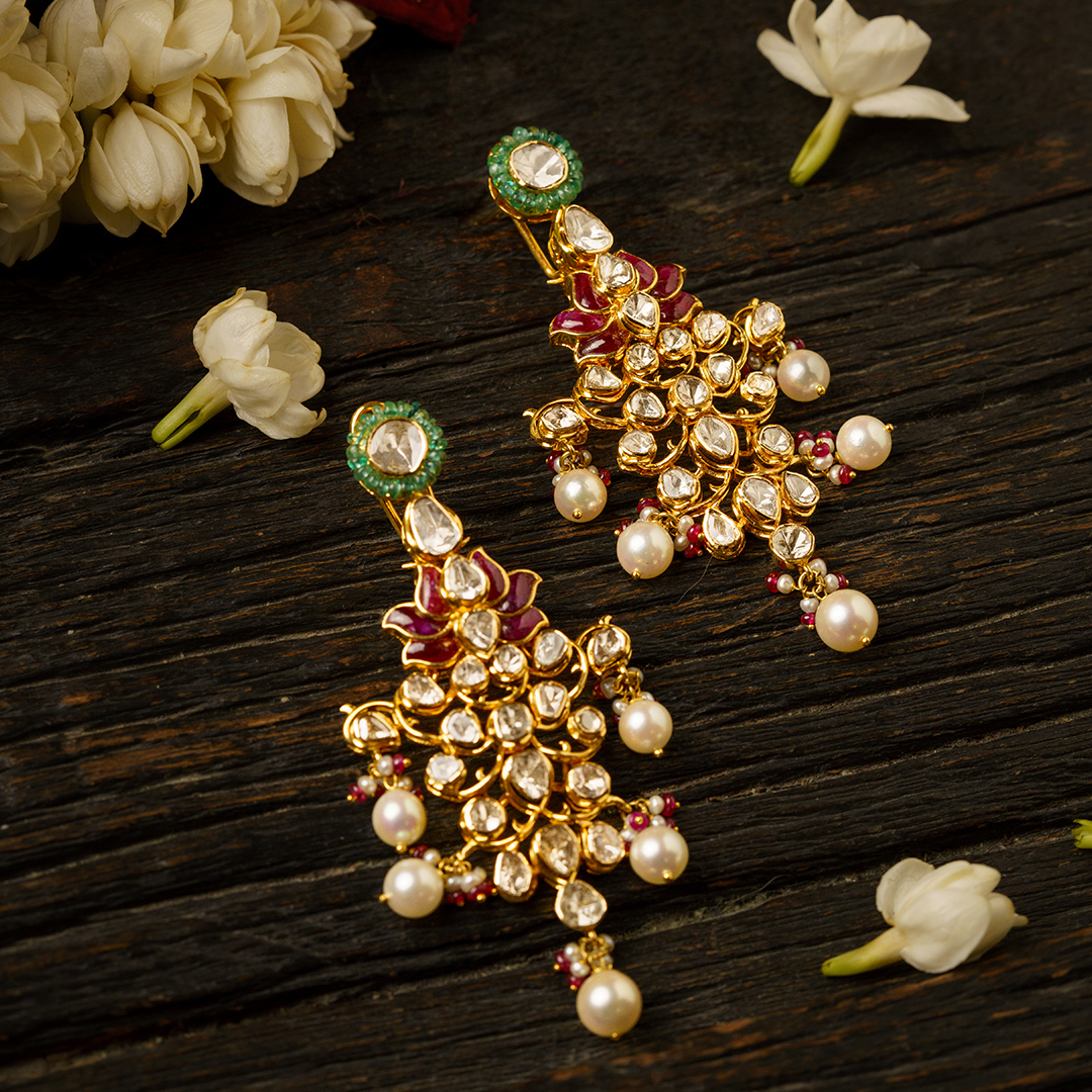 Lotus Polki Ruby Emerald Earrings