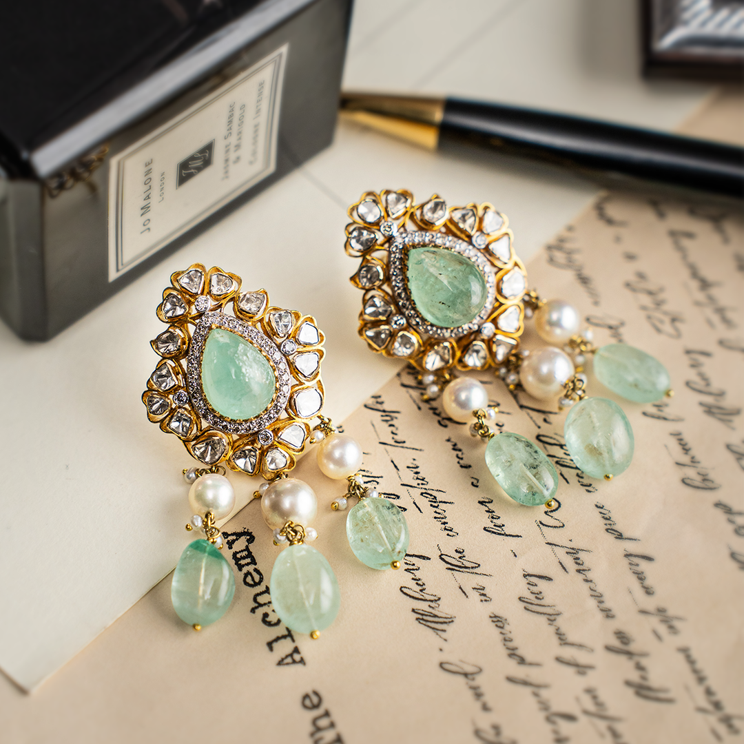Hyderabadi Polki Emerald Earrings