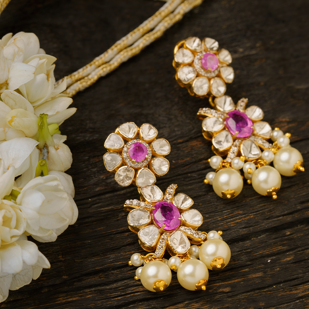 Dual Flower Polki Pink Sapphire Earrings