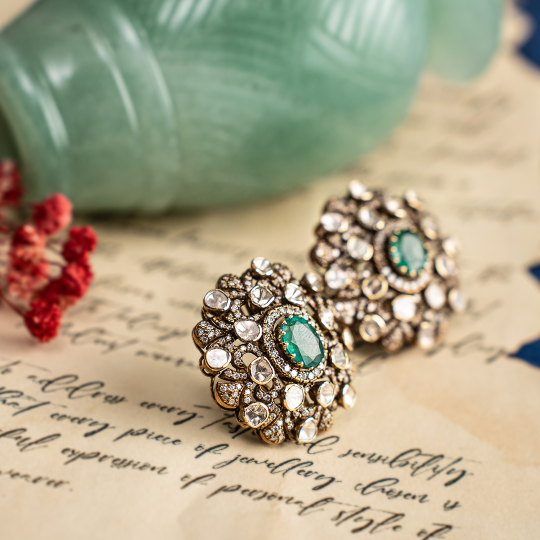 Victorian Polki Oversized Emerald Earrings