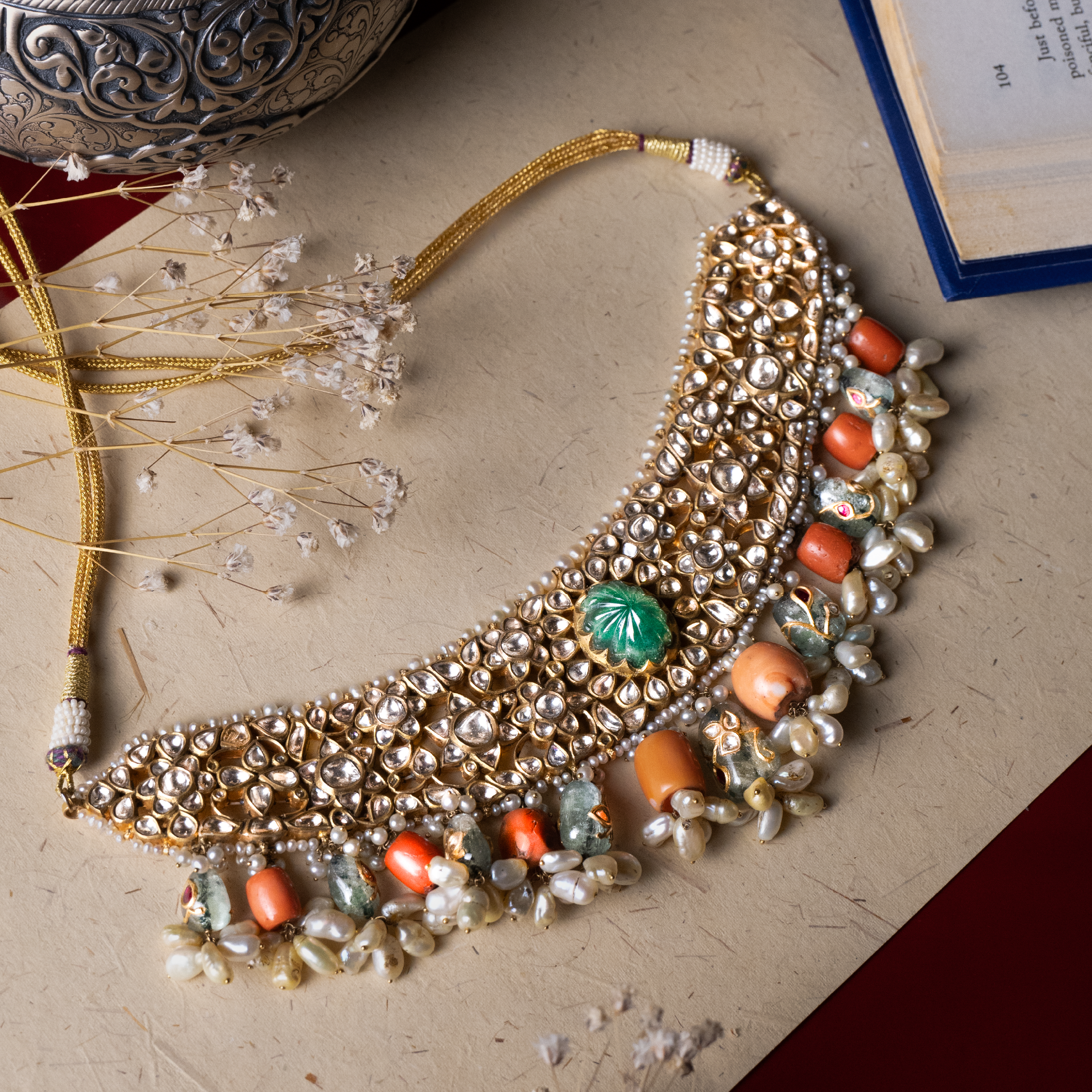 Mira Polki Coral emerald Necklace