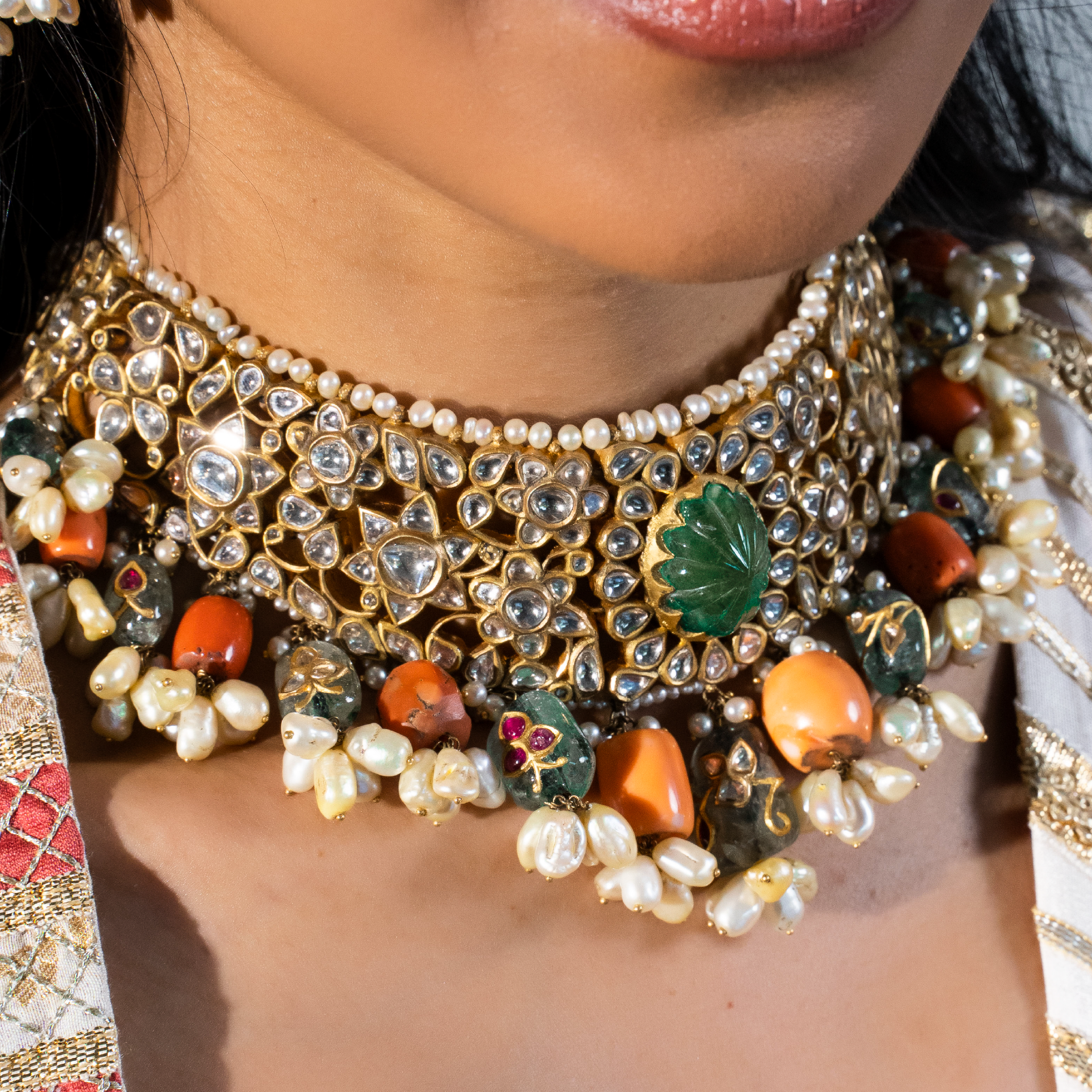 Mira Polki Coral emerald Necklace