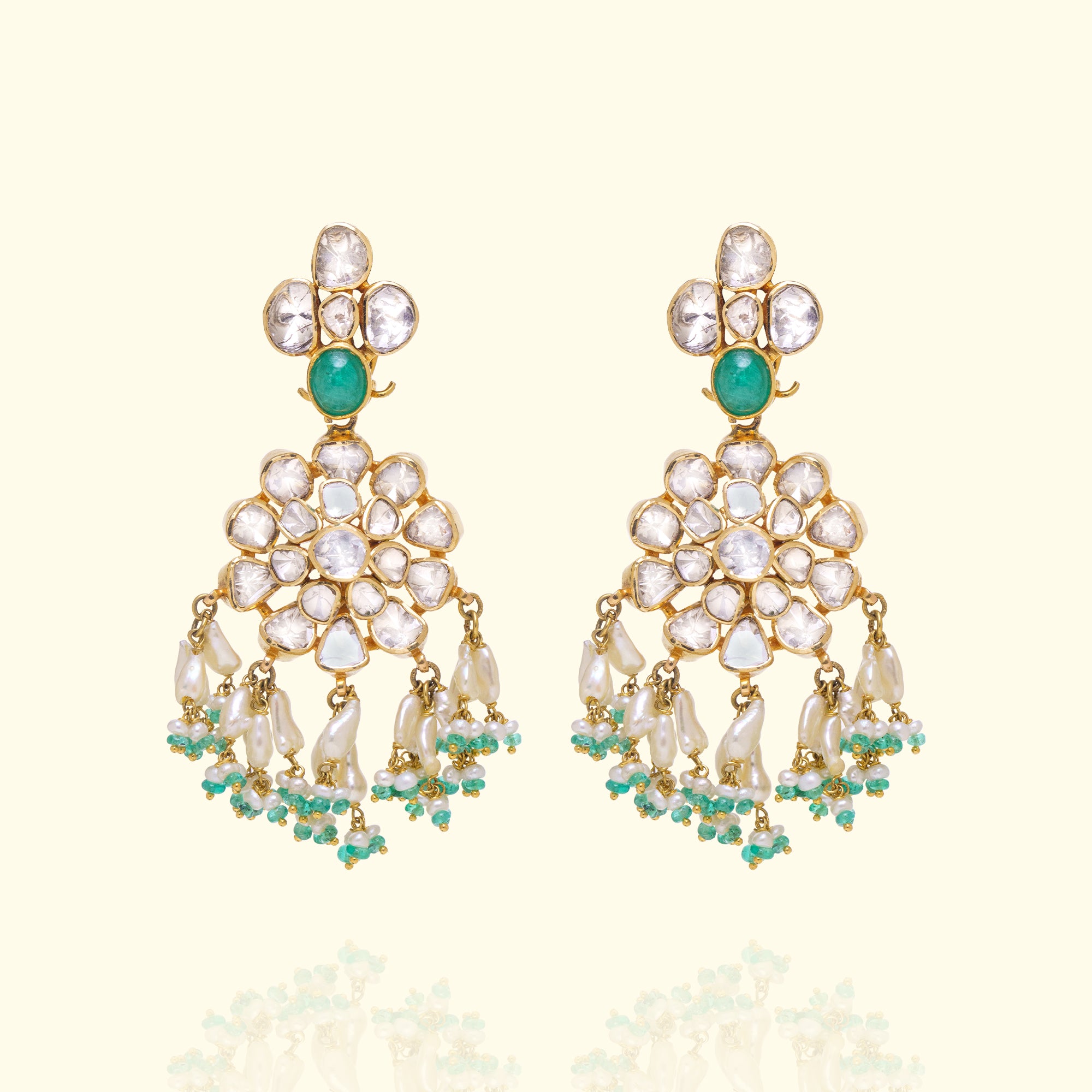 Overlapping Polki Emerald Earrings