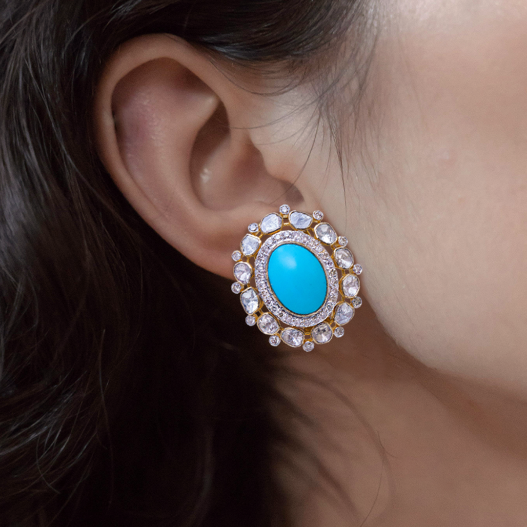 Oval Polki Turquoise Earrings