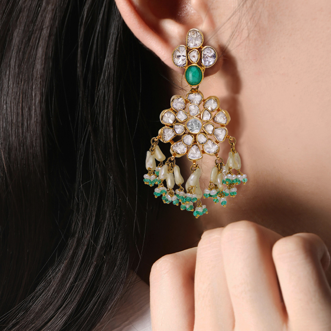 Overlapping Polki Emerald Earrings