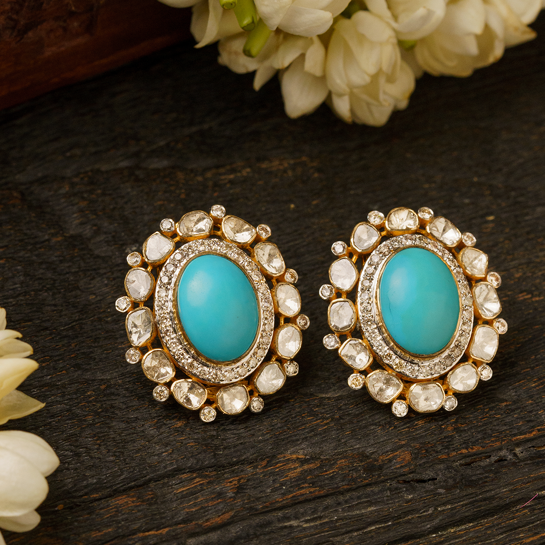 Oval Polki Turquoise Earrings