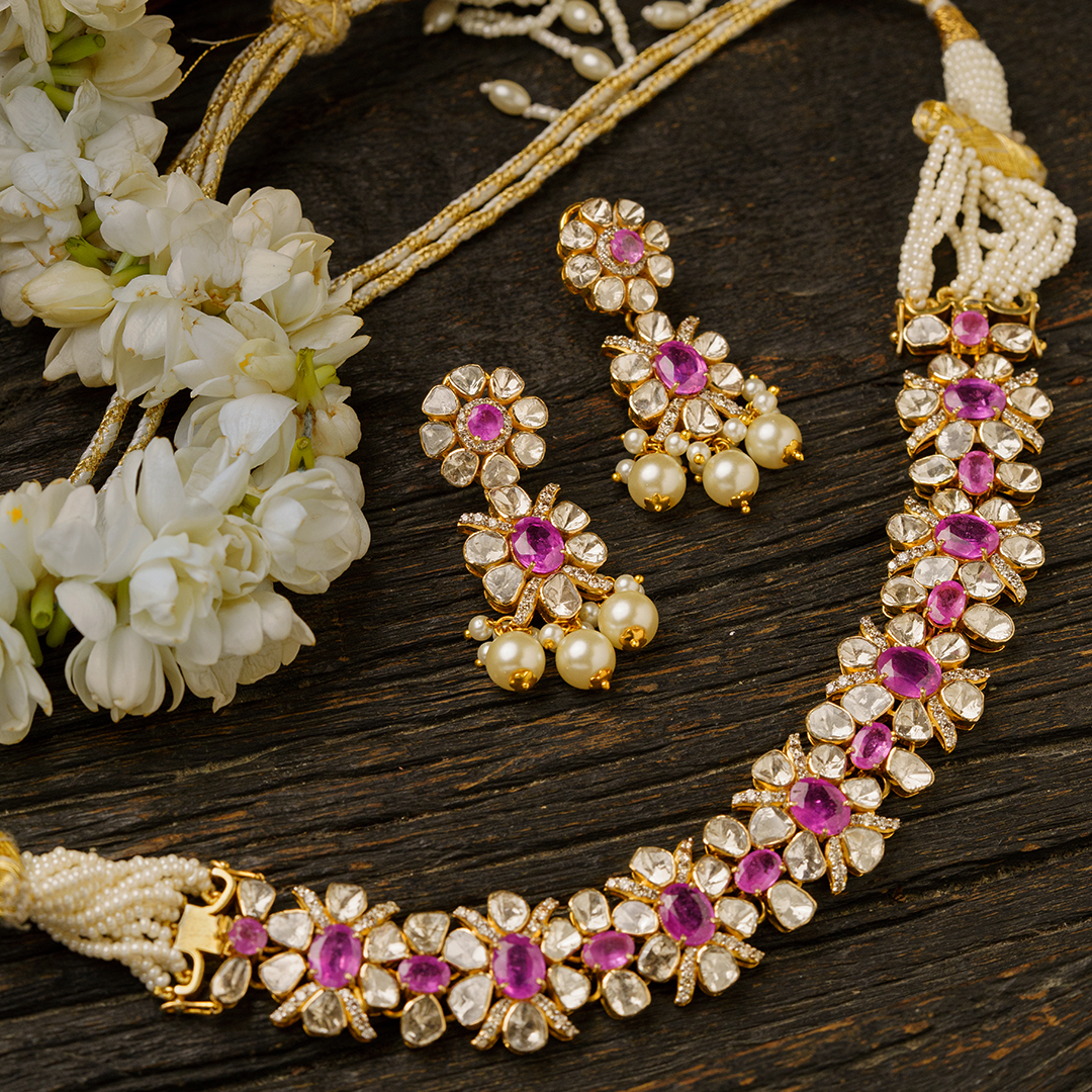 Dual Flower Polki Pink Sapphire Detachable Necklace & Bracelet