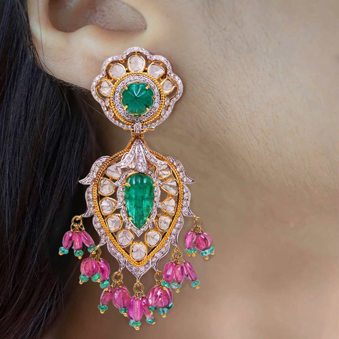 Carved Emerald Drop Polki Earrings
