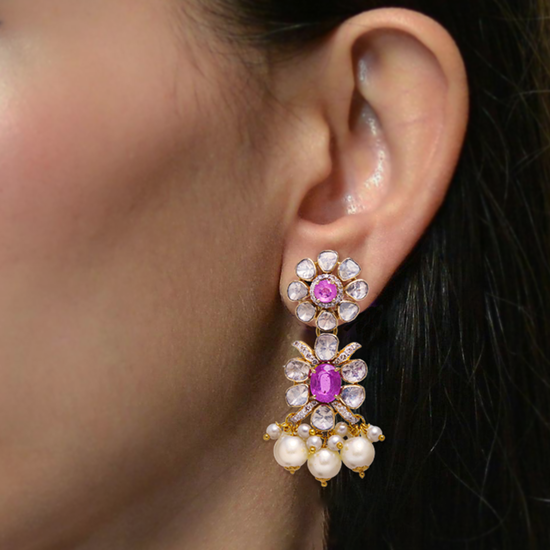 Dual Flower Pink Sapphire Polki Earrings