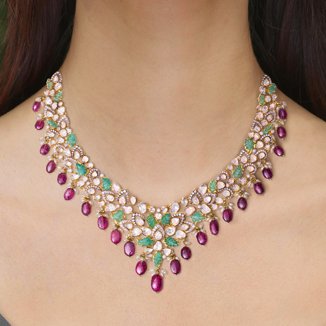 Petal Emerald Tourmaline Polki Necklace