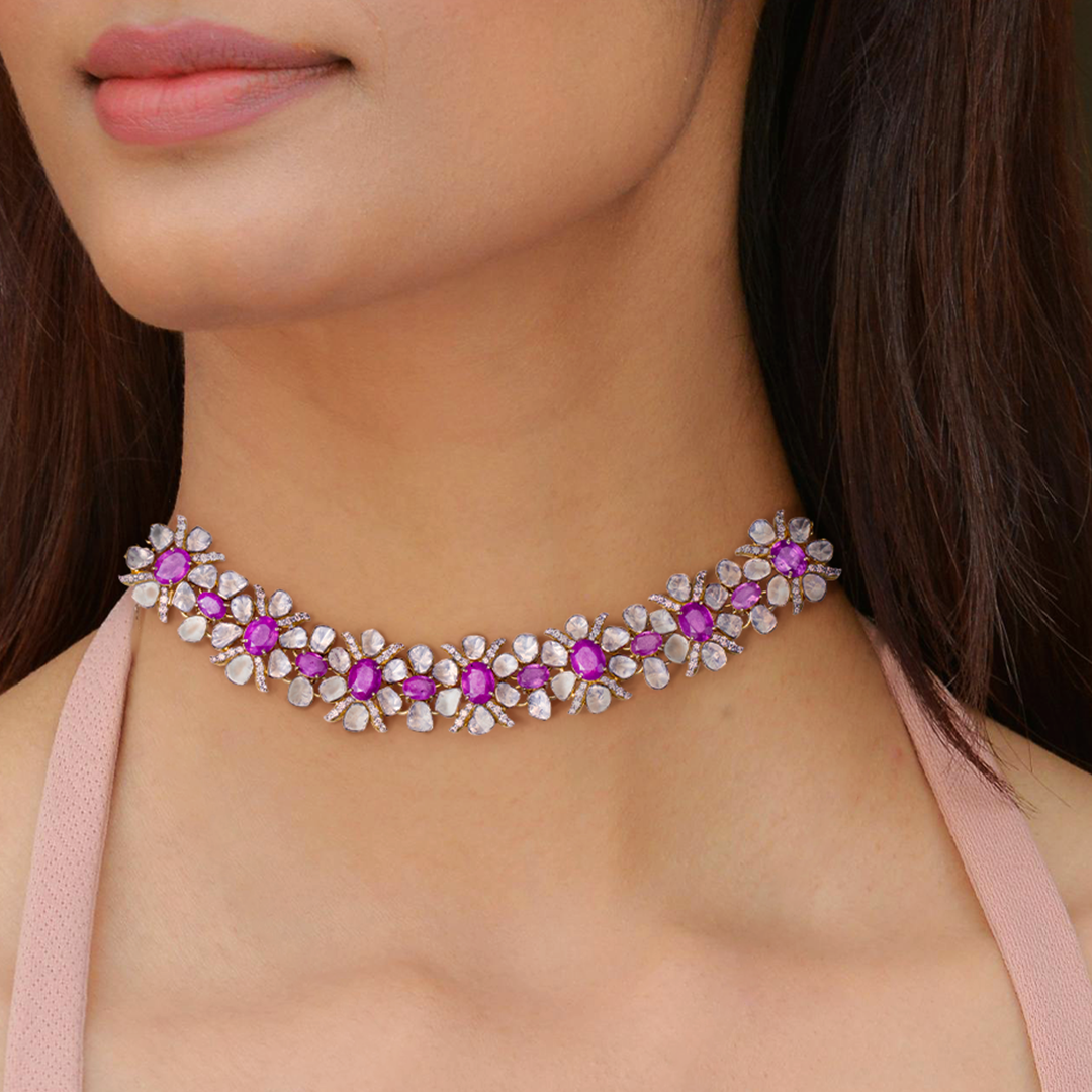Dual Flower Pink Sapphire Polki Detachable Necklace & Bracelet