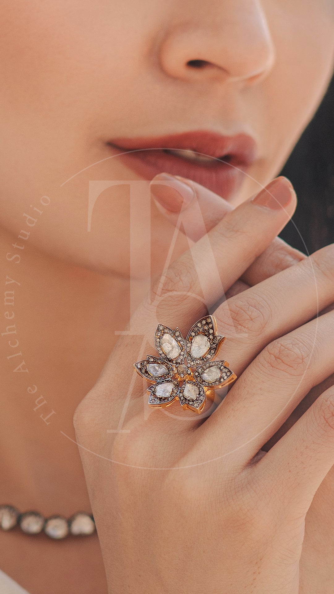 Asymmetric Uncut Diamond Flower Ring