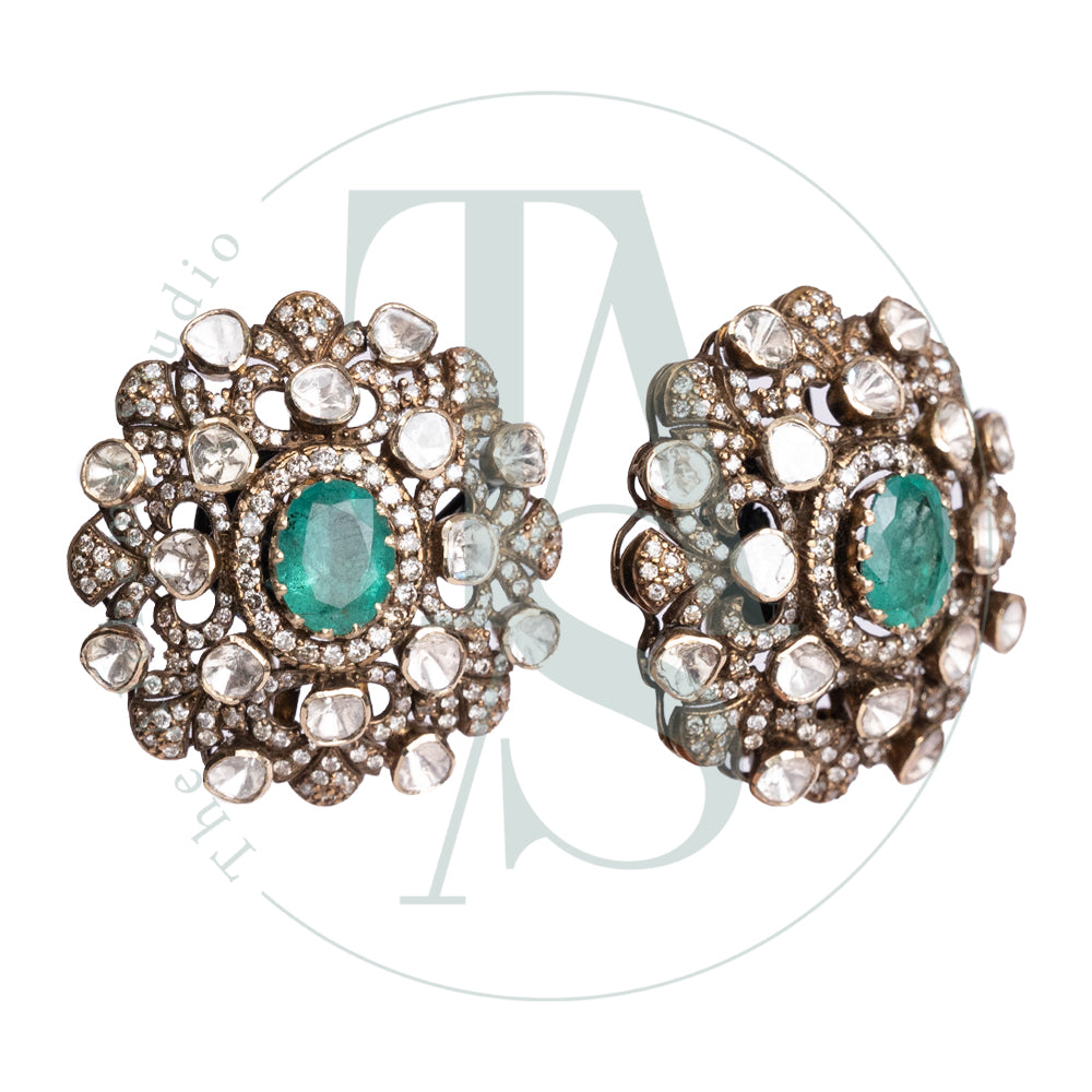 Victorian Uncut Diamond and Emerald Oversized Studs