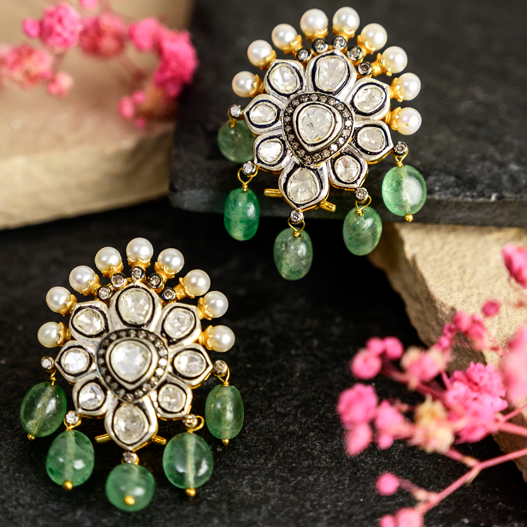 Emerald Polki Wildflower Earrings