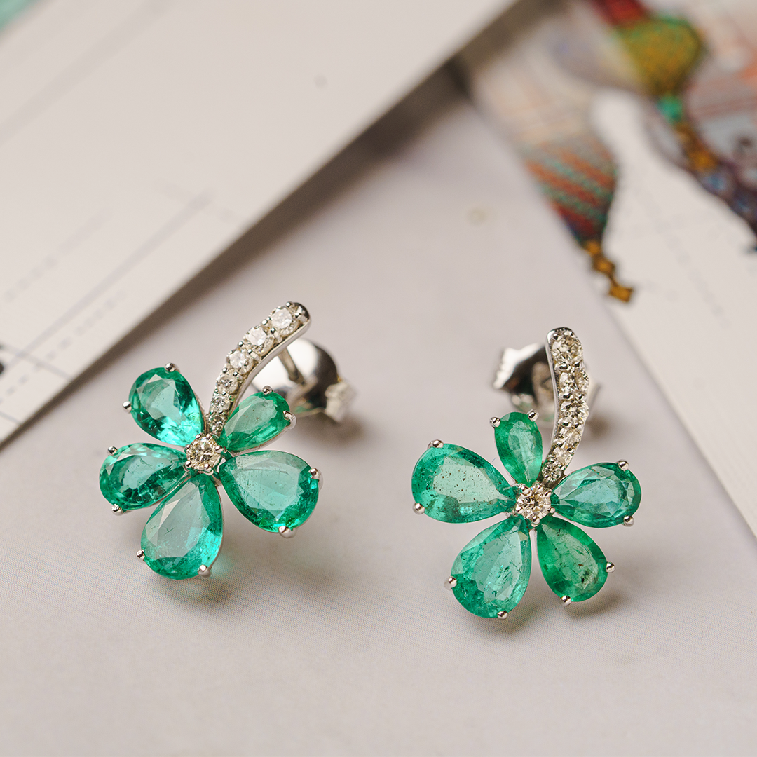 Asymmetric Flower Emerald Diamond Earrings