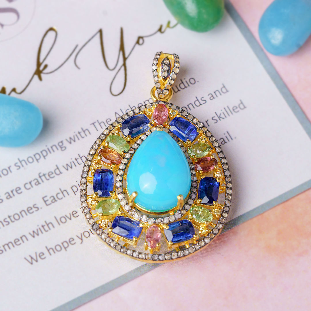 Azure Tourmaline Sapphire Blue Opal Diamond Pendant
