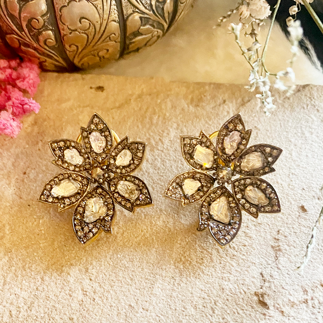 Asymmetric Flower Polki Earrings