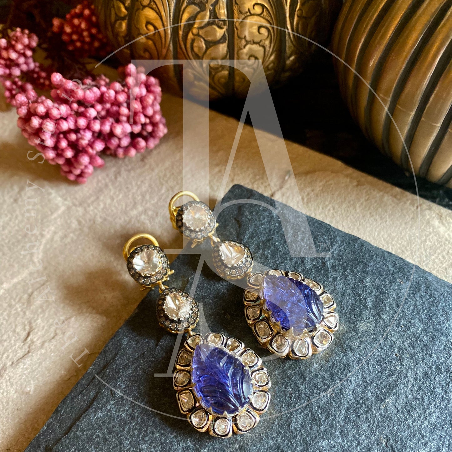 Clara Tanzanite and Uncut Diamond Dangling Earrings