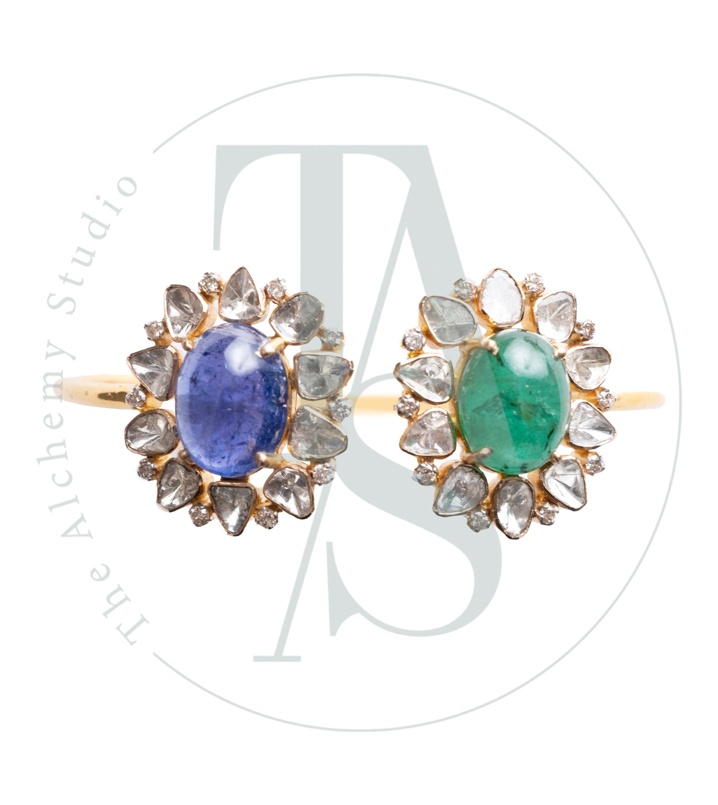 Kiyan Emerald and Tanzanite Flower Cuff with Uncut Diamonds