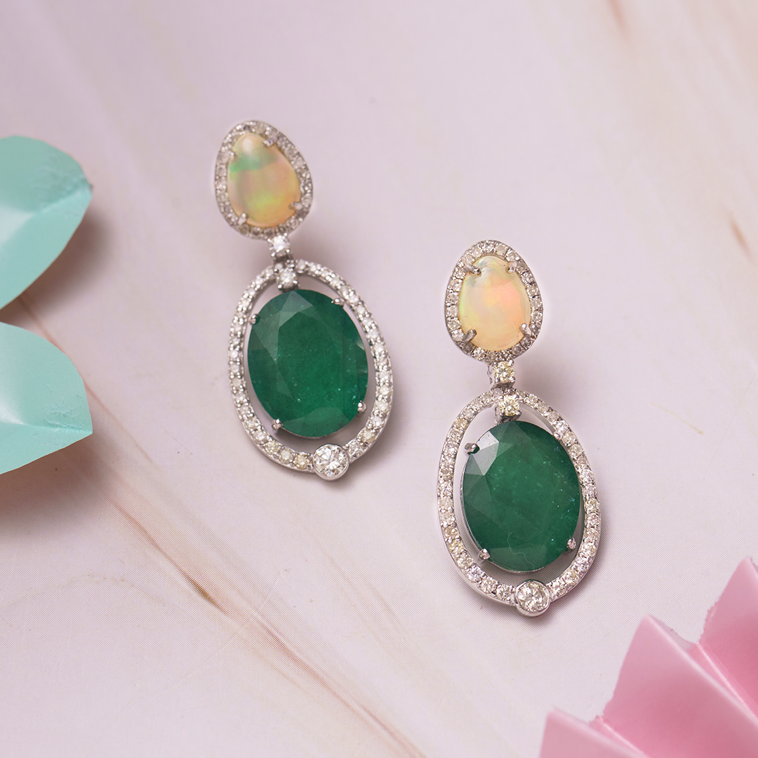Scintilla Emerald Opal Diamond Earrings