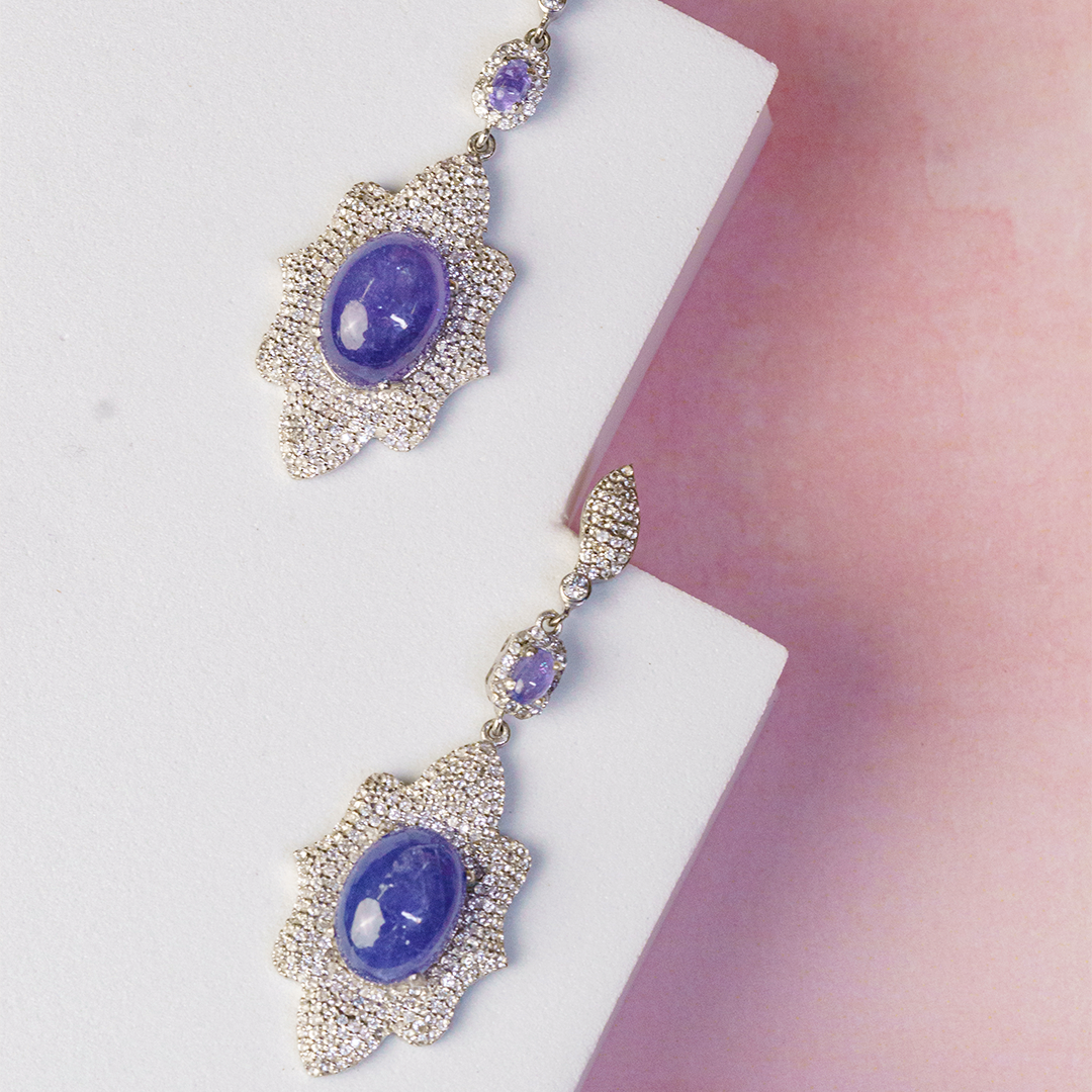 Tanzanite and white sapphire diamond gold earrings, luxury handcrafted fine jewellery, statement earrings