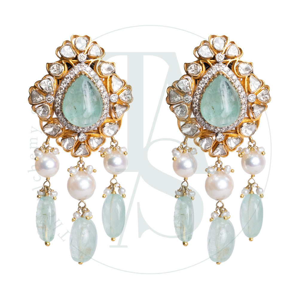 Hyderabad Uncut Diamond and Columbian Emerald Earrings