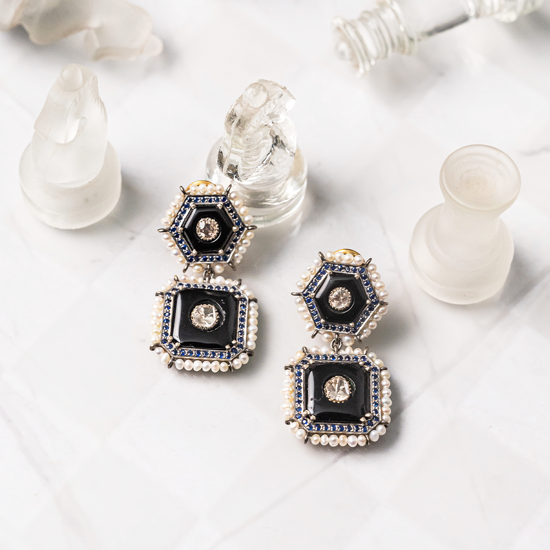 Donella Black Onyx Sapphire Polki Earrings
