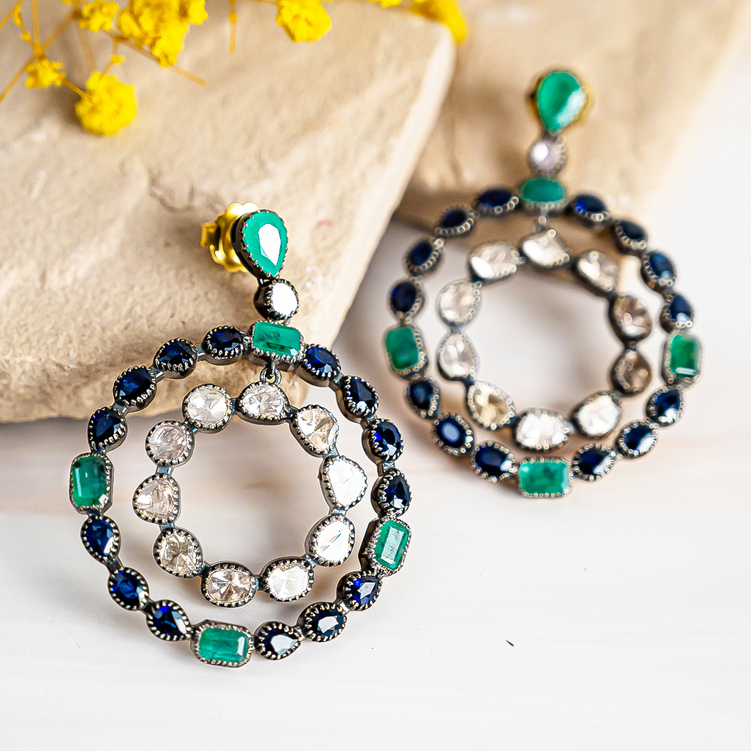 Sapphire and Emerald Polki Hoops
