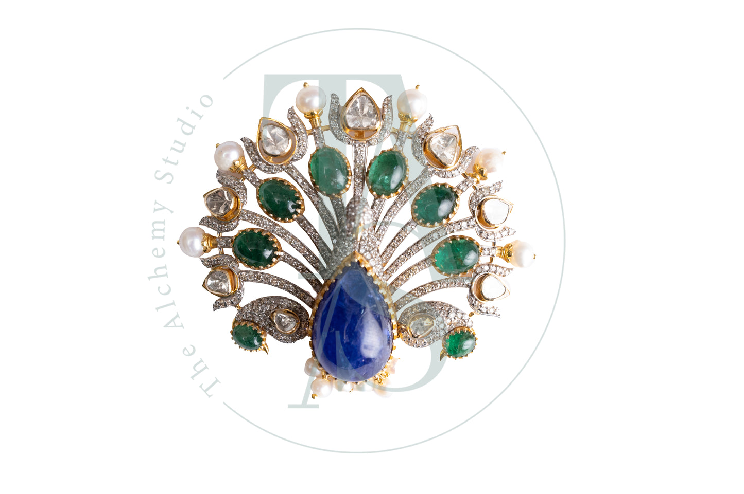 Peacock Emerald and Tanzanite Pendant with Uncut Diamonds
