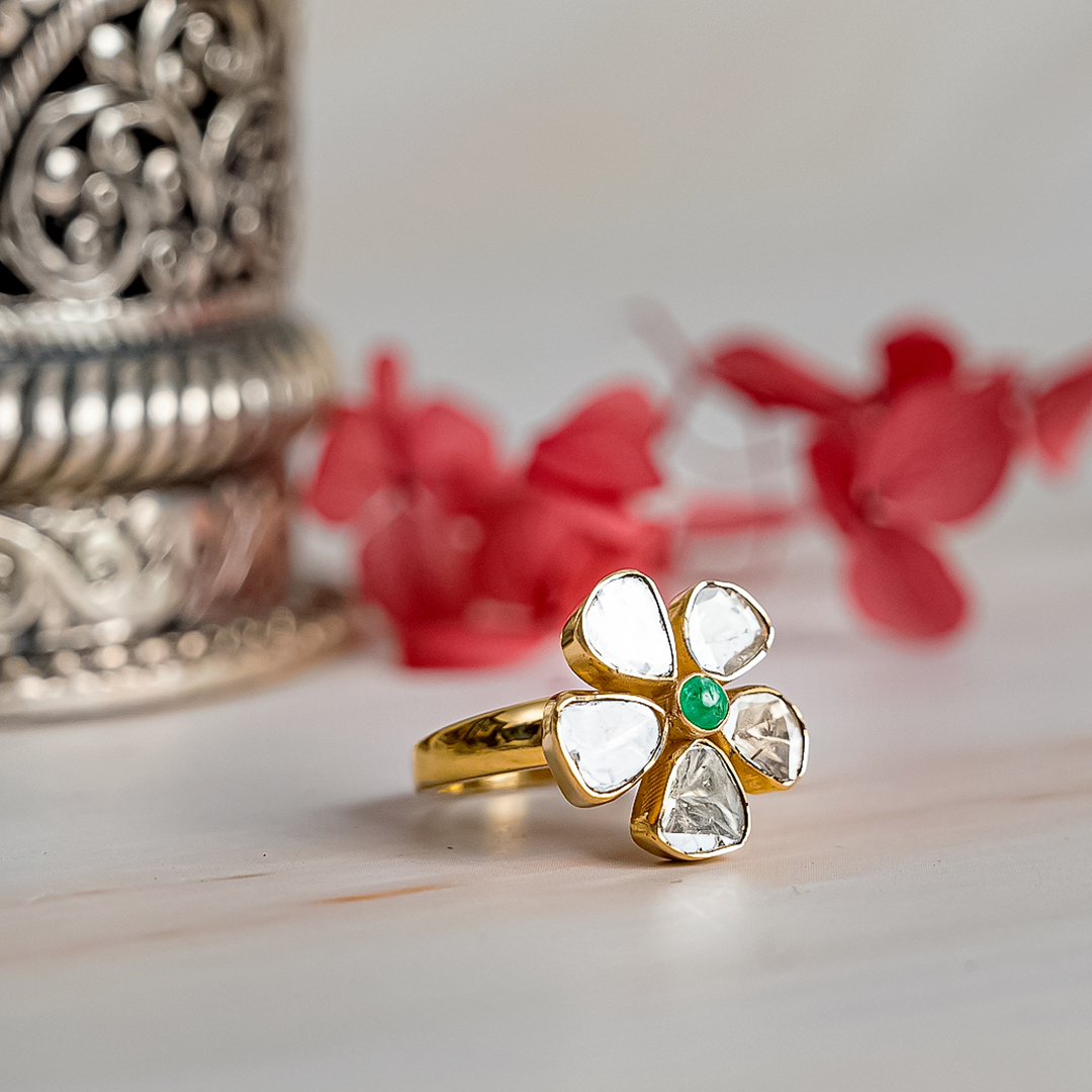 Petite Fleur Emerald Polki Ring