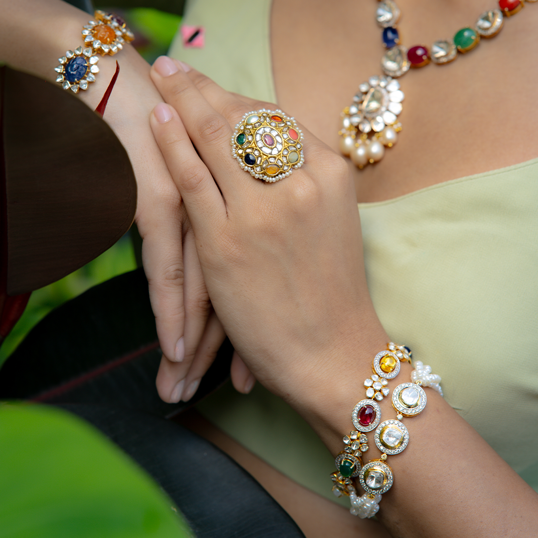 Multi-gem diamond gold bracelet, heritage luxury traditional jewellery India