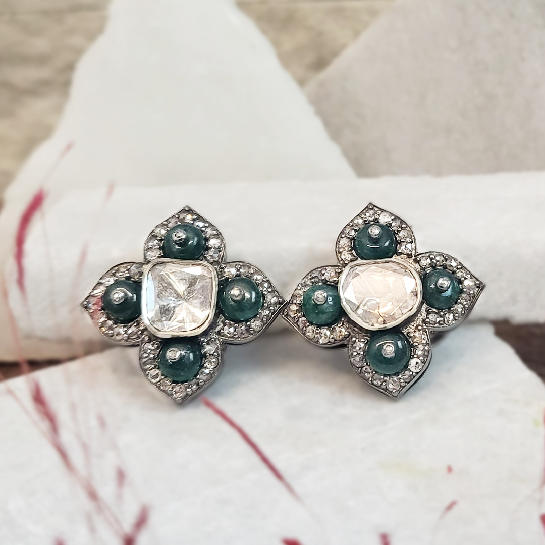 Four Petal Polki Emerald Earrings