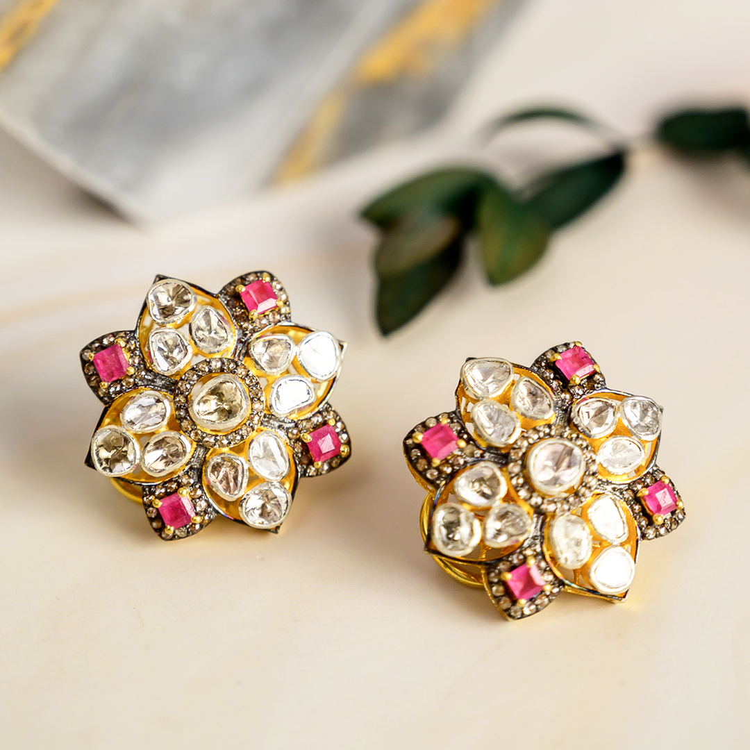 Flower Polki Ruby Earrings