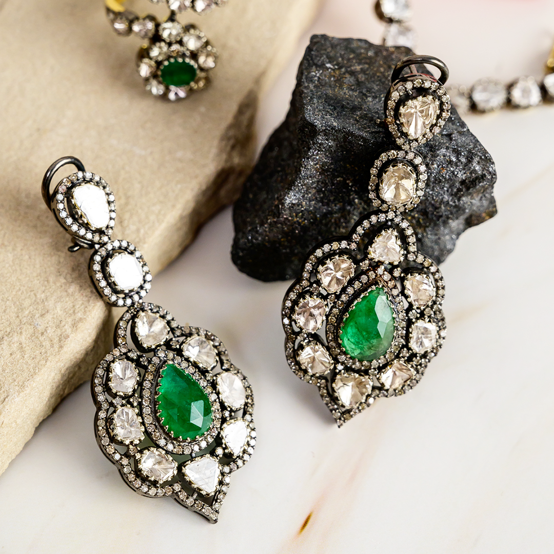 Victorian Clara Polki Emerald Earrings