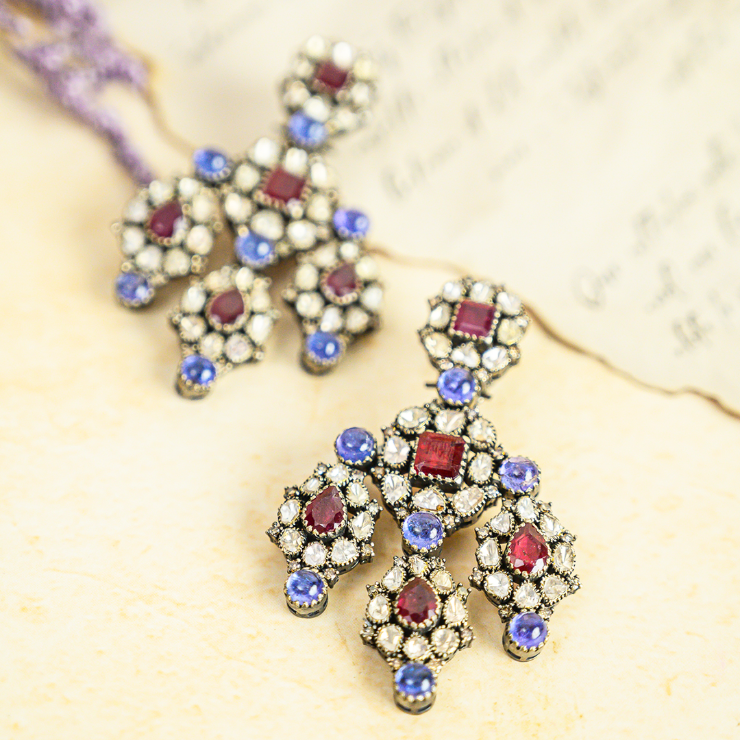Chandelier Polki Tanzanite Ruby Earrings